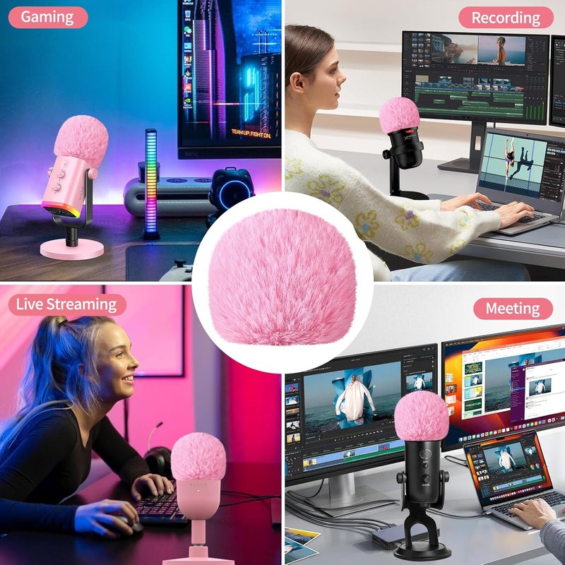 JYUVICT Microphone Pop Filter for Blue Yeti, Yeti Pro, Yeti X, Nano, AM8, Solocast and More USB Mics, ASMR Microphone Windscreen Muff, Furry Mic Cover Foam for Wind and Ambient Noise Reduction, Pink - Image 2